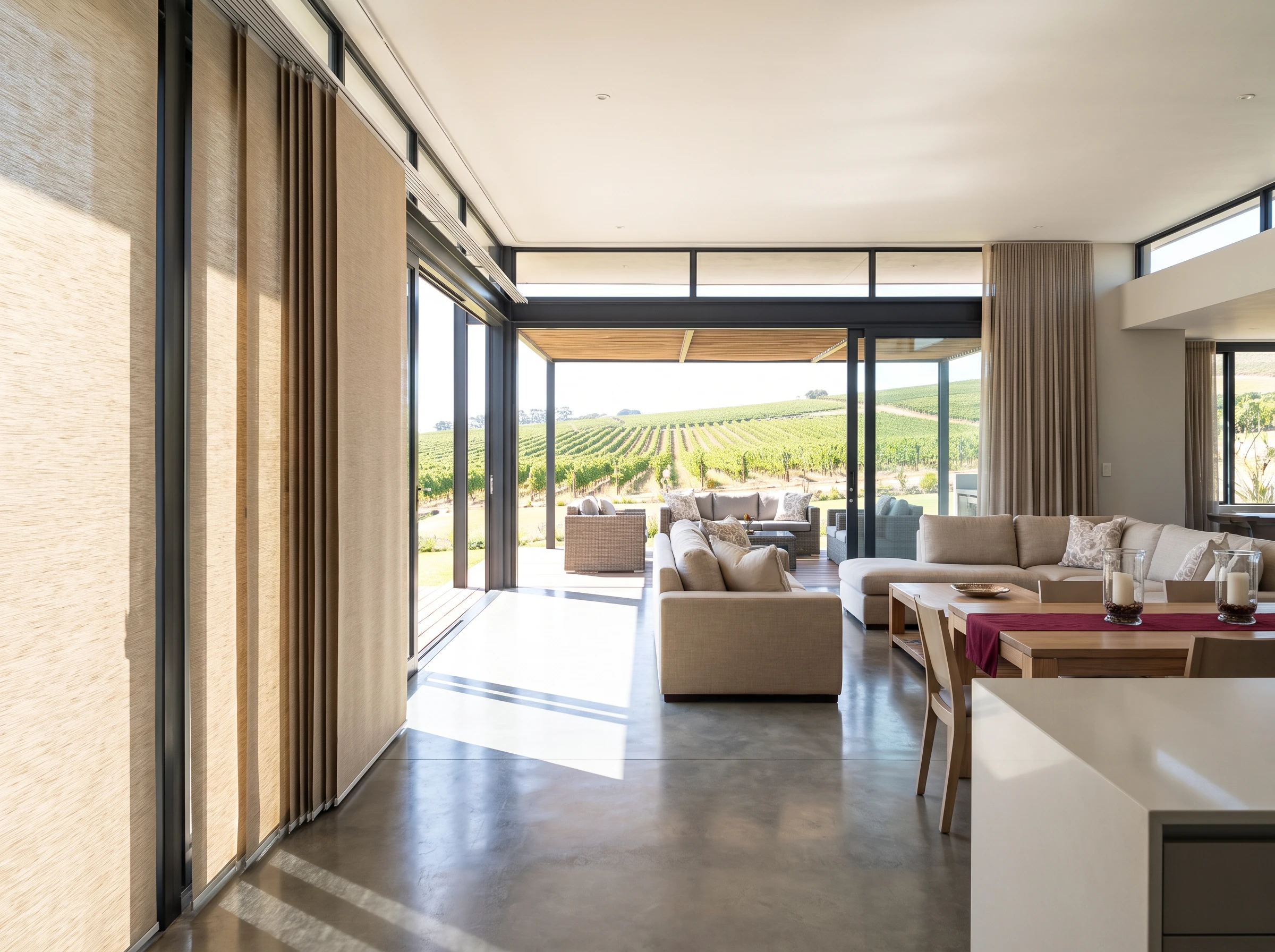 Wide panel blinds sliding beside floor-to-ceiling terrace doors opening onto a vineyard view in Kanonberg
